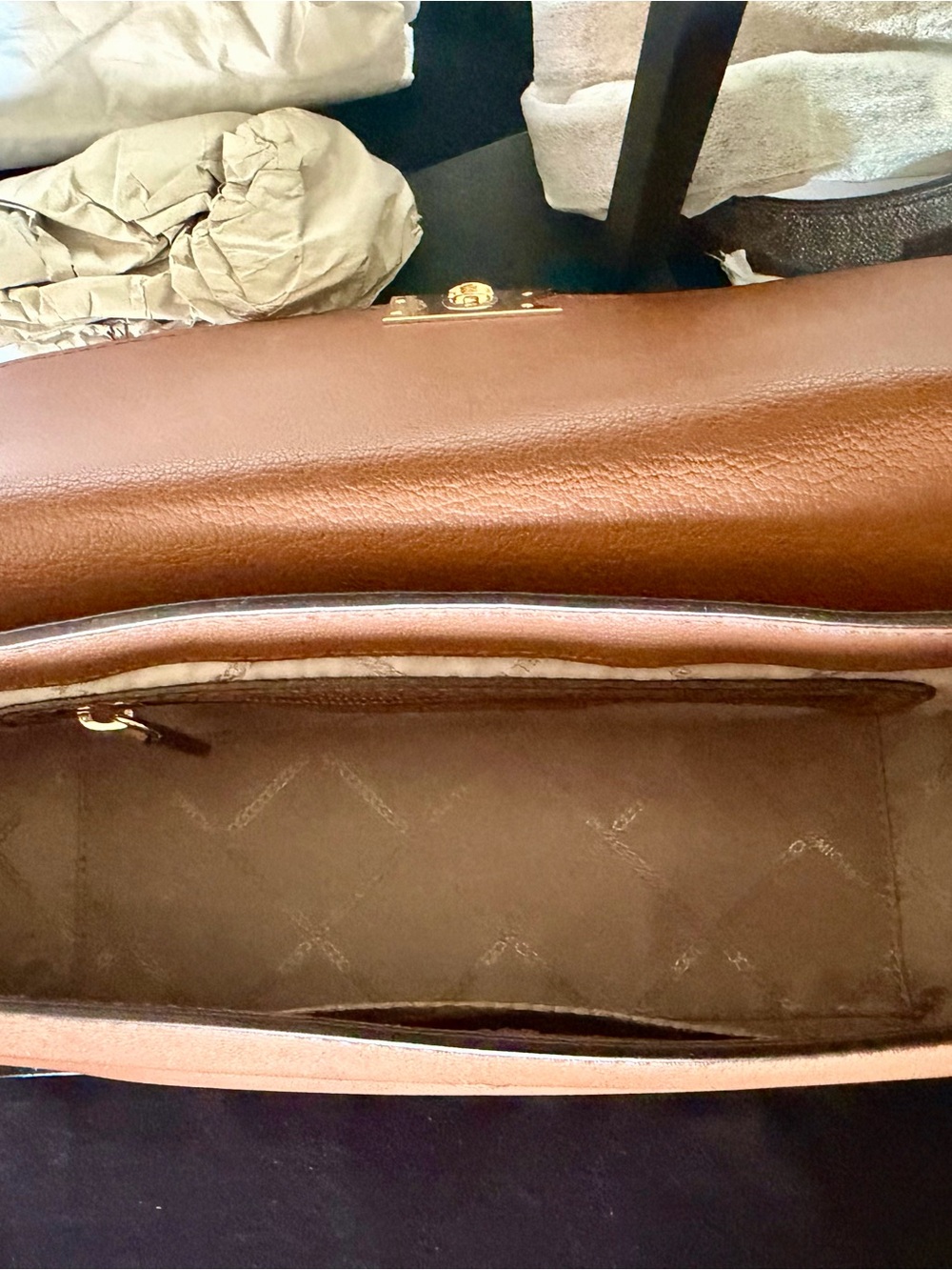 Michael Kors Tan Leather Crossbody with Gold MK Logo - Picture 7 of 8